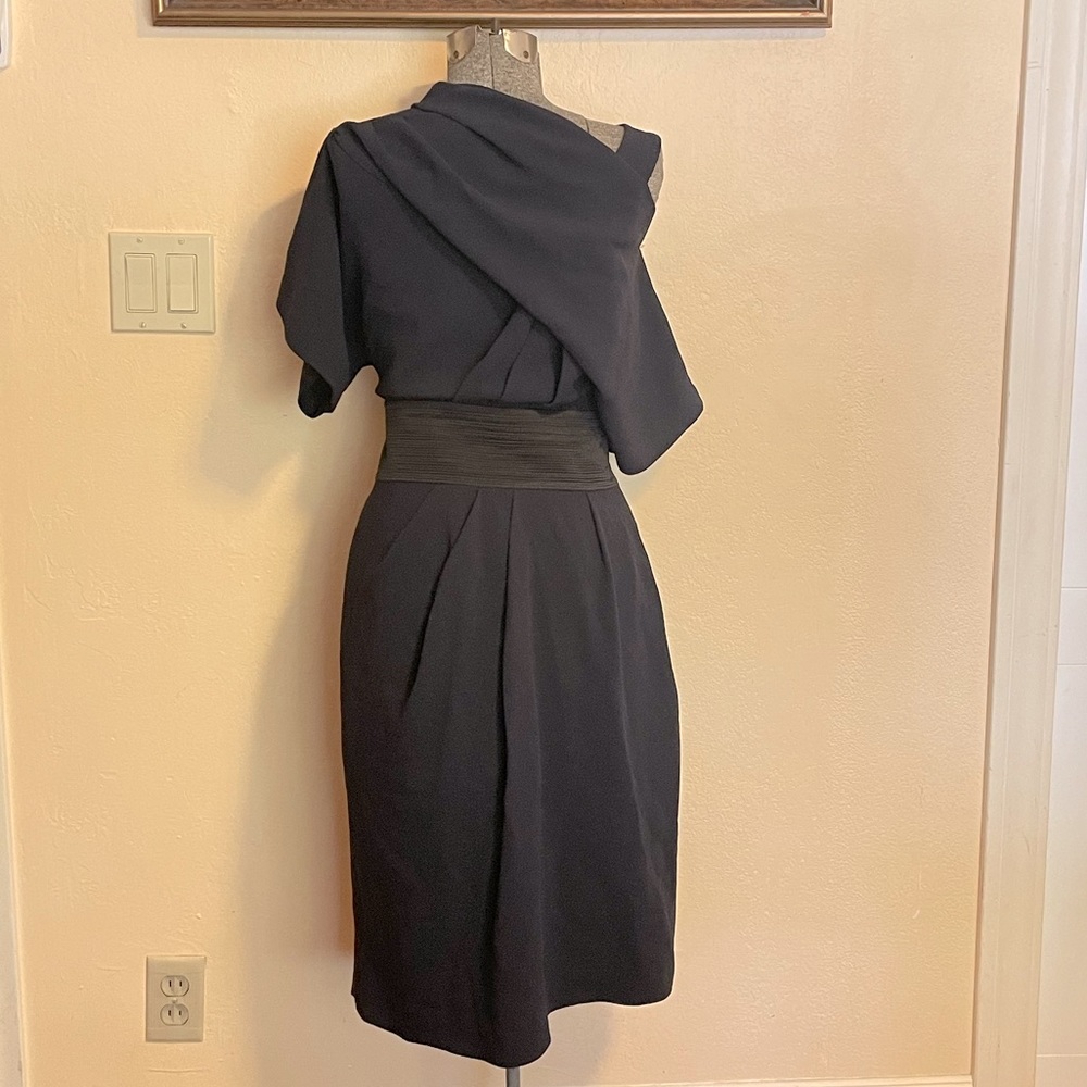 BCBGMaxAzria Runway black/navy blue draped and pleated dress with waist belt